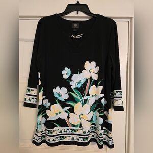 JM Collection Black Tunic with White and Green Floral Design